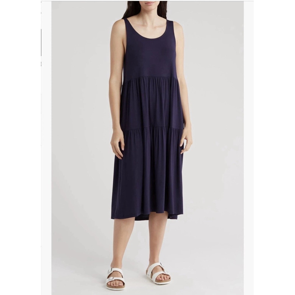 Eileen Fisher Women Sleeveless Tiered Jersey Midi Dress Sz M Midnight Navy